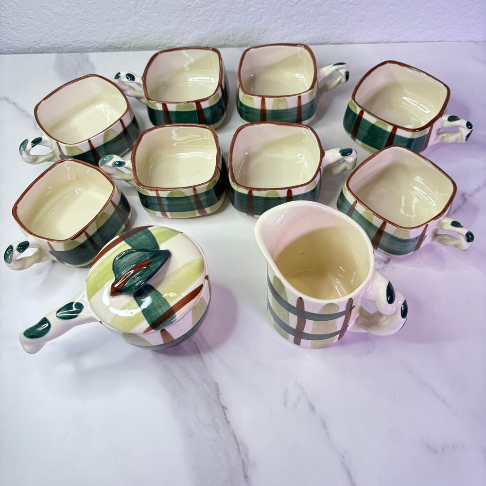 Vintage Blair Pottery Gay Plaid Square Coffee Set Creamer Sugar 8 Cups 10Pc